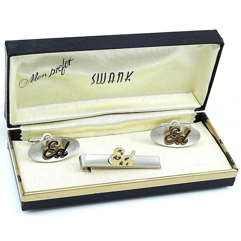 ED Name Vintage Cufflinks and Tie Clip Bar Set Swank NOS in Original Box 1950s